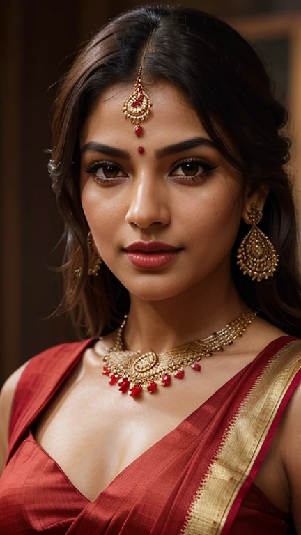 (Highly Detailed, Portrait, Intricate, Attractive Body, Beautiful Eyes, Beautiful Lips, Extremely Detailed Face, Long Eyelashes), ((Full Body Portrait)), Cinematic, Portrait, Dynamic Lighting, Most Beautiful Portraits, Indian Celebrity, (Wearing Traditional Indian Red Sari), Traditional Indian Clothing, Indian Jewelry, Symmetrical Face, Stunning Art, Intense Look, Detailed, Red Lips, Messy Strands of Hair, Detailed Hair, Intense Look, (Best Quality, 4k, 8k, High-Res, Masterpiece: 1.2), Ultra-Detailed, (Realistic, Photorealistic, Photorealistic: 1.37), Vivid Colors, Sharp Focus, Portrait, Studio Lighting, (SFW), (Light Skin Color), straight, close up, sex blouse, stood up with puffed out chest, A full-on face angle, sexy bigger chest, full confidence, looking at the camera in front