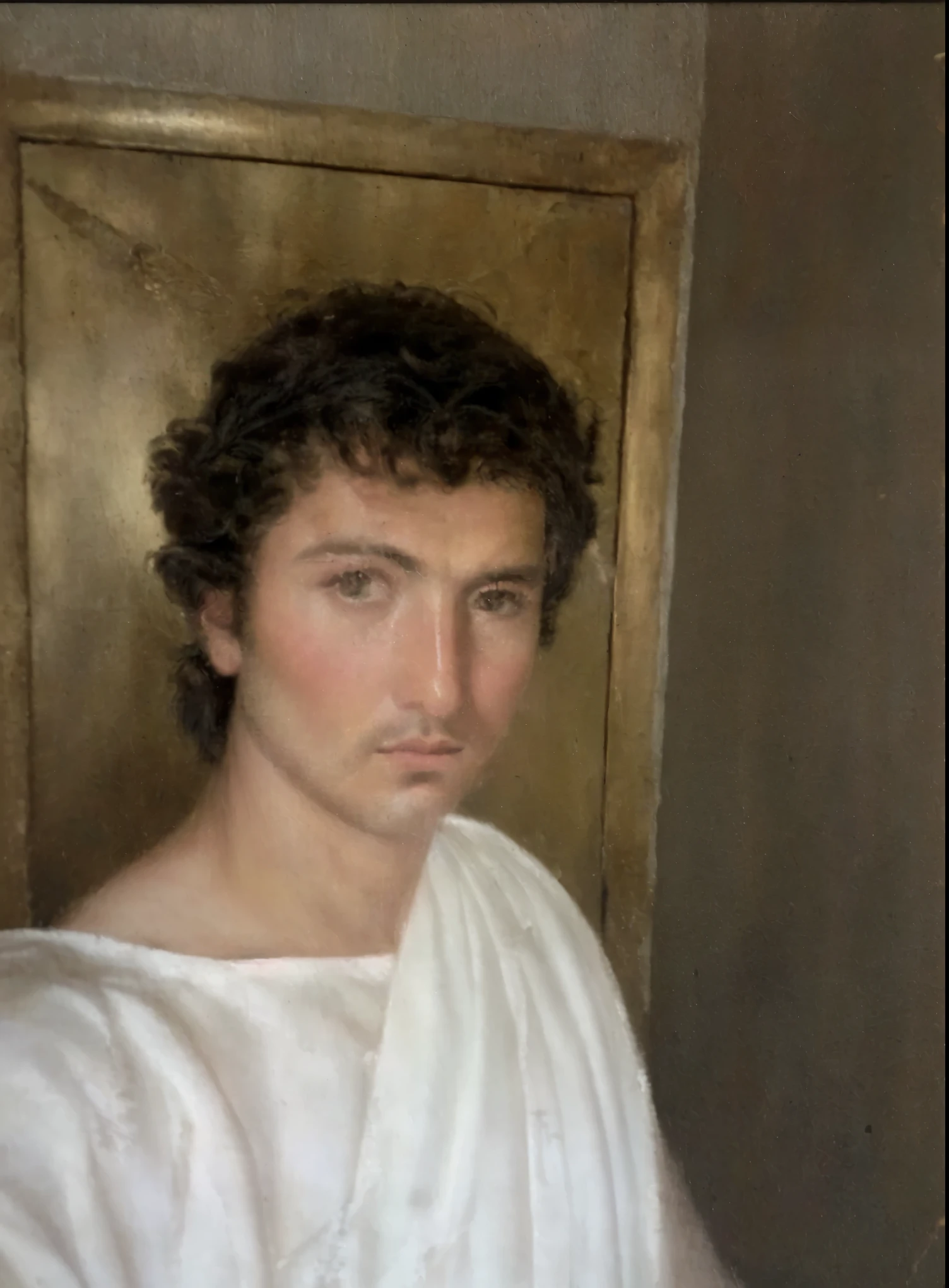 a close up of a painting of a man with a crown on his head, ancient roman painting, inspired by Pietro Testa, ancient rome man, young greek man, neoclassical portrait, portrait of achilles, portrait of hades, fayum portrait, painting of a man, portrait of a male warrior, inspired by Nicomachus of Thebes