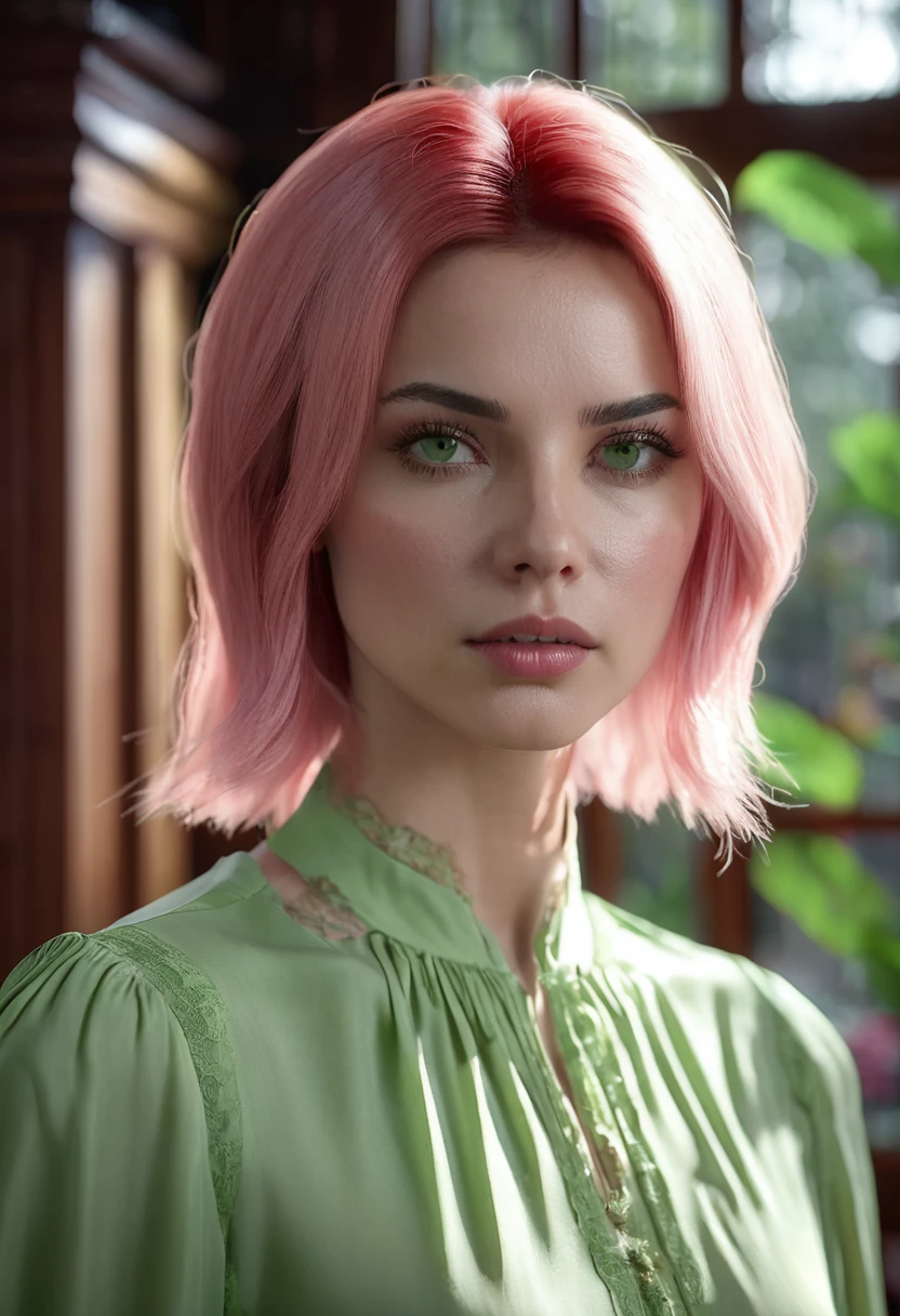 1 woman, inside a wooden mansion house, wearing a tight red blouse, detailed facial features, detailed light green female eyes, detailed light skin, baby pink long bob hair, soft lighting, serious expression on the face, cold cinematic composition , dark atmosphere, serious face, beautiful, delicate chin, beautiful woman, sensual, 25 years old (best quality, 4K, 8K, high resolution, art: 1.2), ultra-detailed, (realistic, photorealistic, photorealistic: 1.37)