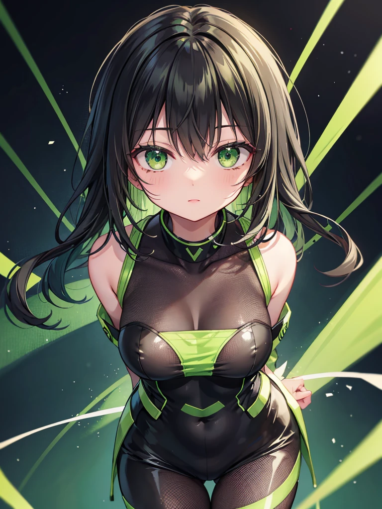 Black hair, long, green mesh, green eyes, energetic