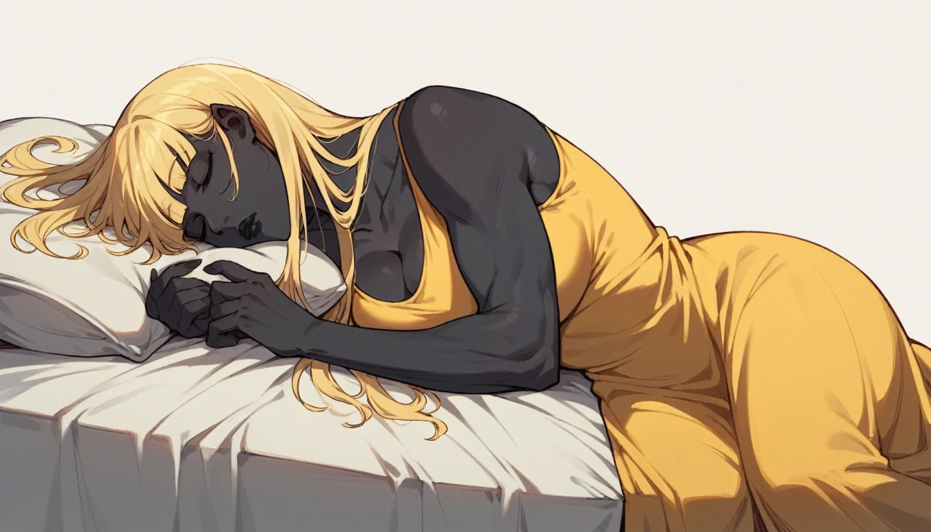 black buff woman, tall woman, black skin, strong body, long fringe hair, blonde hair, blonde fringe hair, scales in the arms, black lips, yellow dress, egypt hair, in bed, sleeping, white background