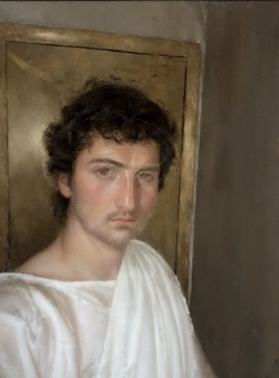 a close up of a painting of a man with a crown on his head, ancient roman painting, inspired by Pietro Testa, ancient rome man, young greek man, neoclassical portrait, portrait of achilles, portrait of hades, fayum portrait, painting of a man, portrait of a male warrior, inspired by Nicomachus of Thebes