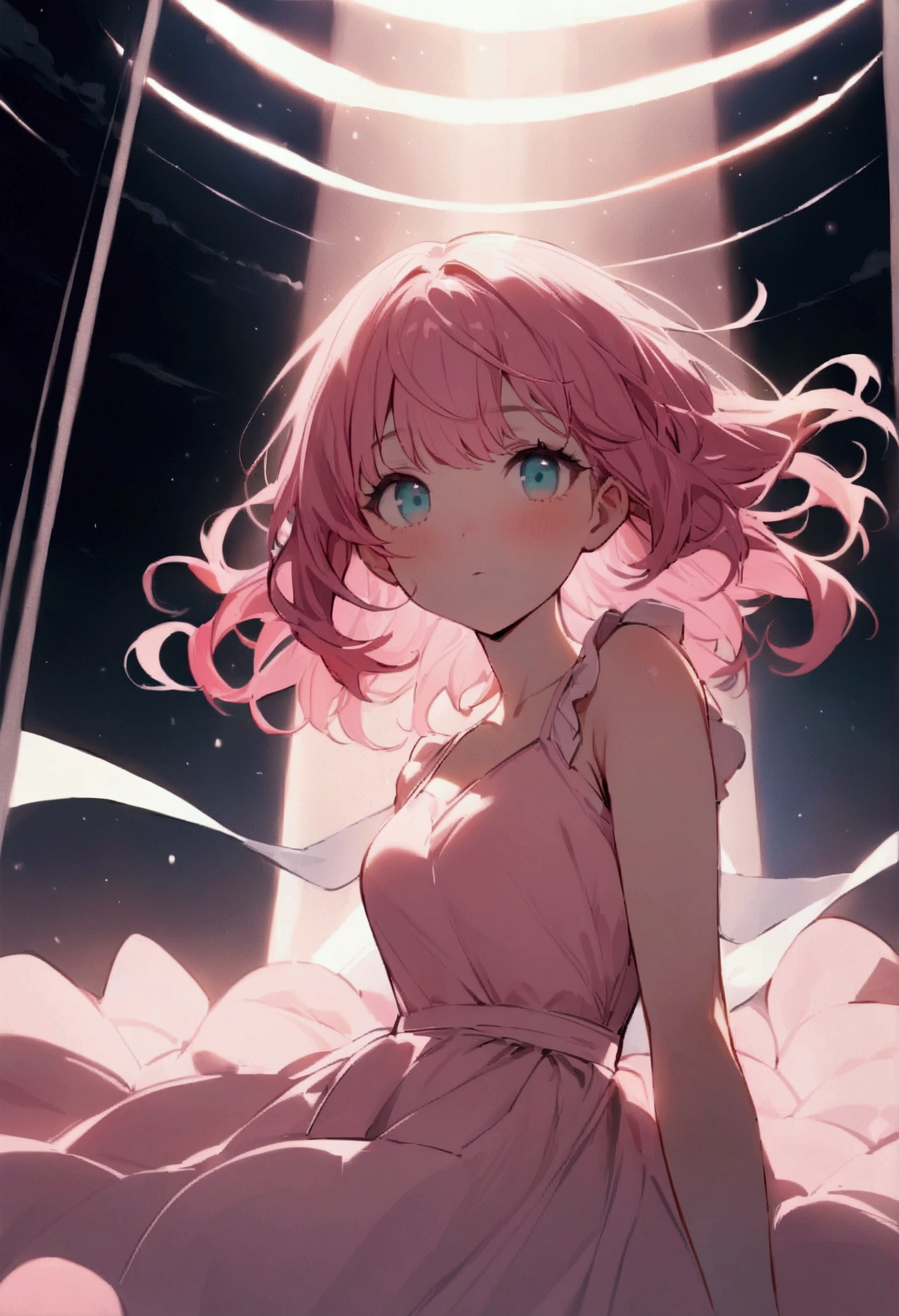 shortening, Depth of written boundary, masterpiece, Best Quality, 22 year old girl, Pink Hair, Teal Eye, Medium Hair, floating,Pink rays, alone, Watching the audience,Pink Dress, flight, Dim sunshine,
