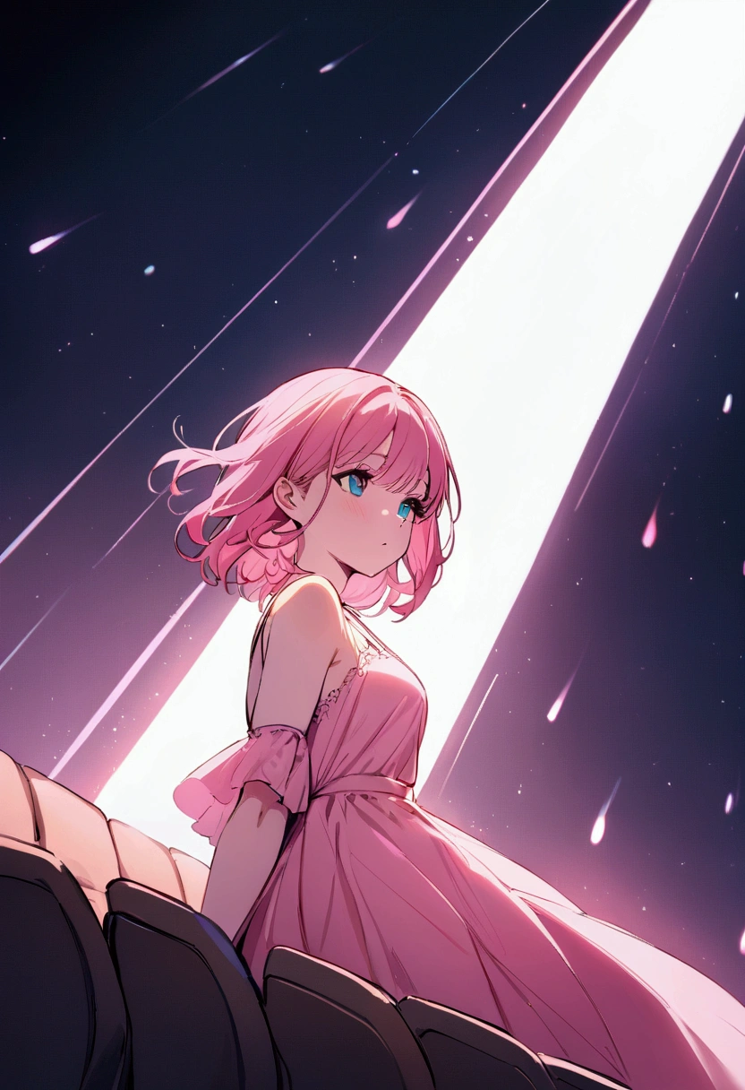 shortening, Depth of written boundary, masterpiece, Best Quality, 22 year old girl, Pink Hair, Teal Eye, Medium Hair, floating,Pink rays, alone, Watching the audience,Pink Dress, flight, Dim sunshine,