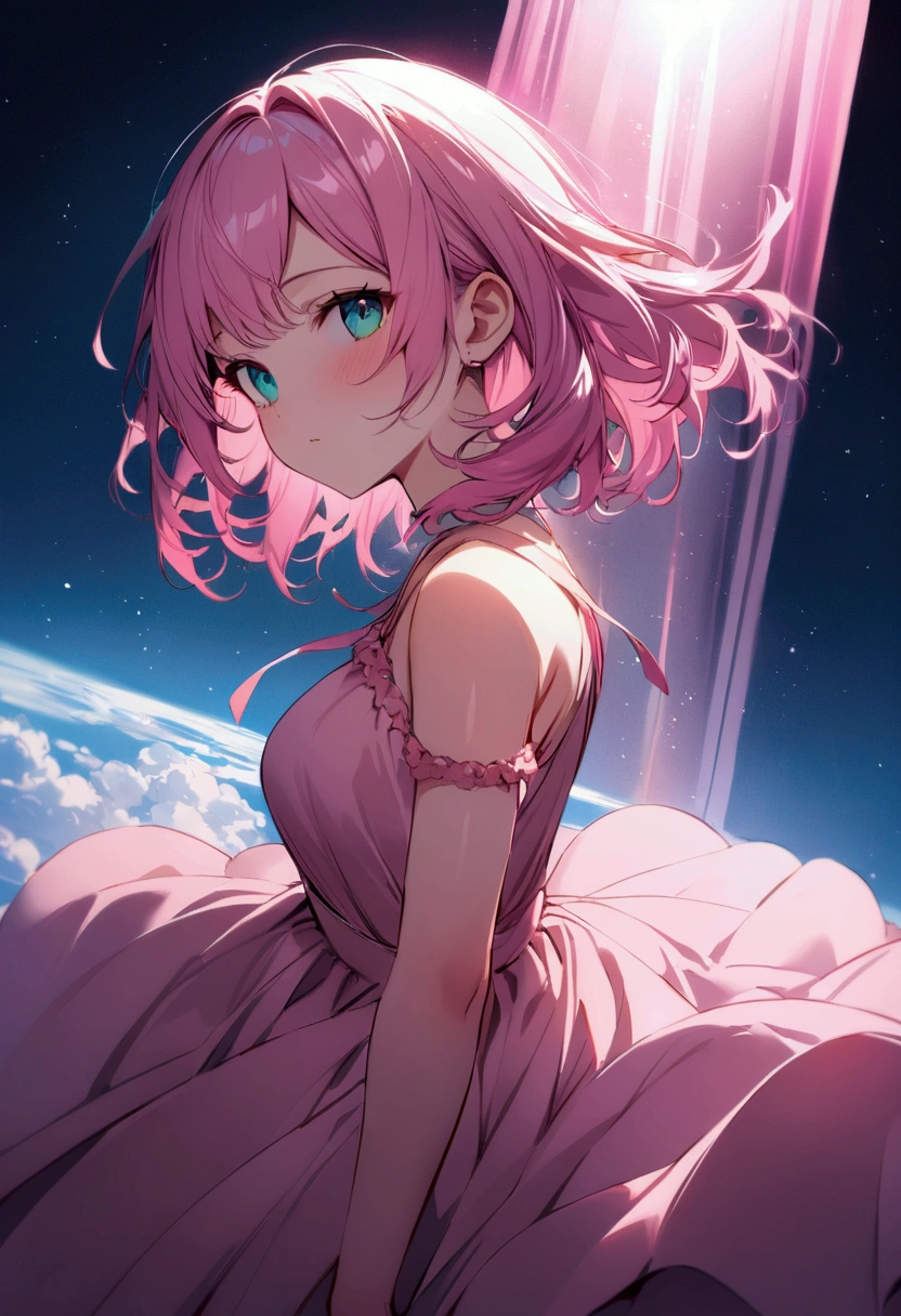 shortening, Depth of written boundary, masterpiece, Best Quality, 22 year old girl, Pink Hair, Teal Eye, Medium Hair, floating,Pink rays, alone, Watching the audience,Pink Dress, flight, Dim sunshine,