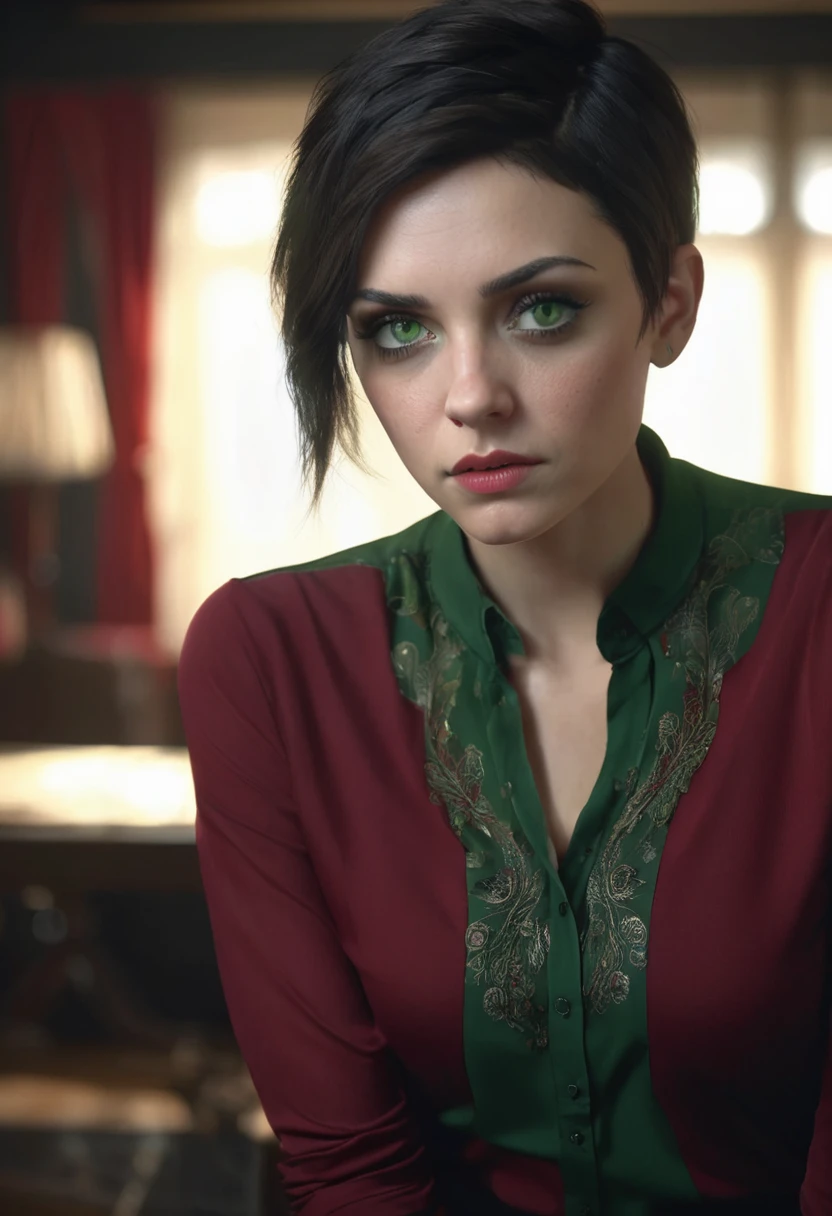 1 woman, inside a room decorated in dark colors and red, wearing a dark green blouse, detailed facial features, detailed female green eyes, detailed light skin, black undercut pixie hair, soft lighting, serious expression on her face, cold cinematic composition, dark atmosphere, serious face, beautiful, delicate chin, pretty girl, 20s (best quality, 4K, 8K, high resolution, art: 1.2), ultra-detailed, (realistic, photorealistic, photorealistic: 1.37)