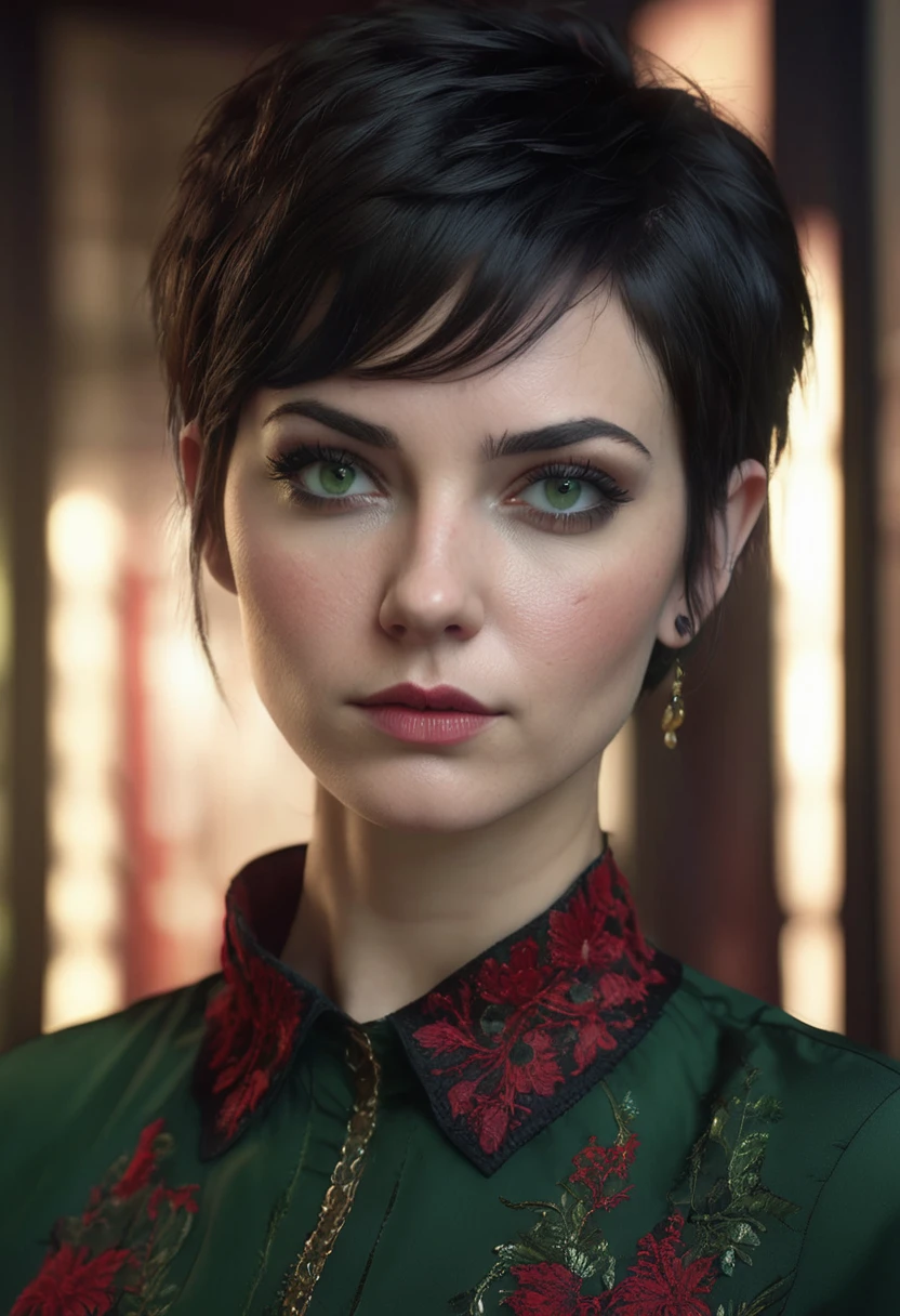 1 woman, inside a room decorated in dark colors and red, wearing a dark green blouse, detailed facial features, detailed female green eyes, detailed light skin, black undercut pixie hair, soft lighting, serious expression on her face, cold cinematic composition, dark atmosphere, serious face, beautiful, delicate chin, pretty girl, 20s (best quality, 4K, 8K, high resolution, art: 1.2), ultra-detailed, (realistic, photorealistic, photorealistic: 1.37)
