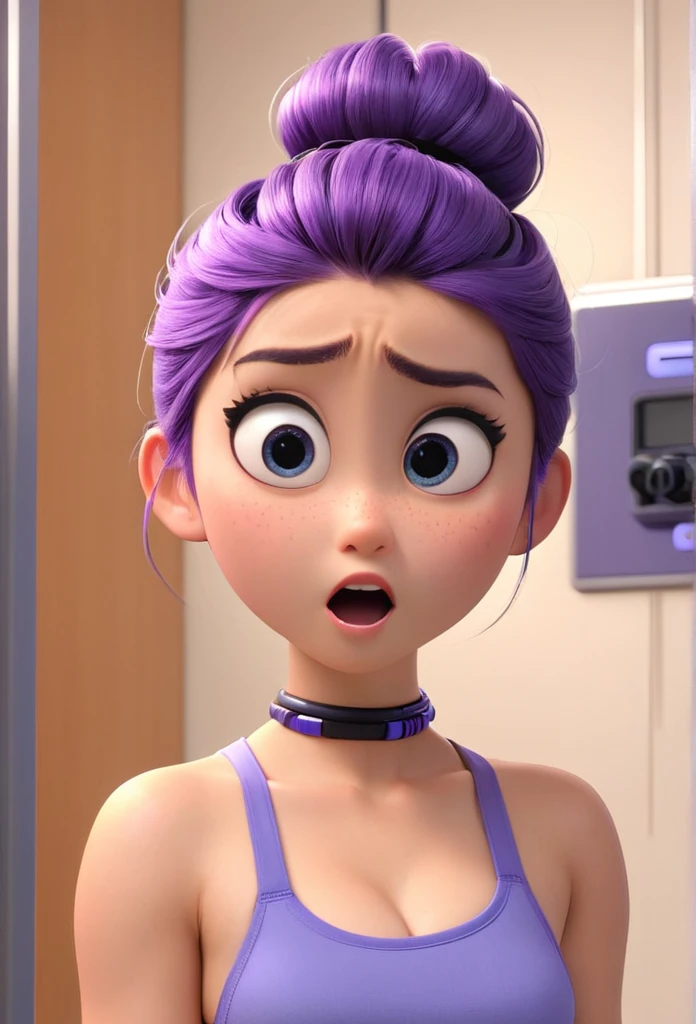 Une Japonaise de 14 ans, cheveux bleu en chignon, collier violet, Grey tank top, terrified, stuck to the wall with super strong black glue in a faulty laboratory, style 3d Pixar, (best quality, 4k, 8k, High resolution, chef-d'artwork:1.2), Ultra-detailed, (Realistic, photoRealistic, photo-Realistic:1.37), portraits, Des couleurs vives, studio lighting