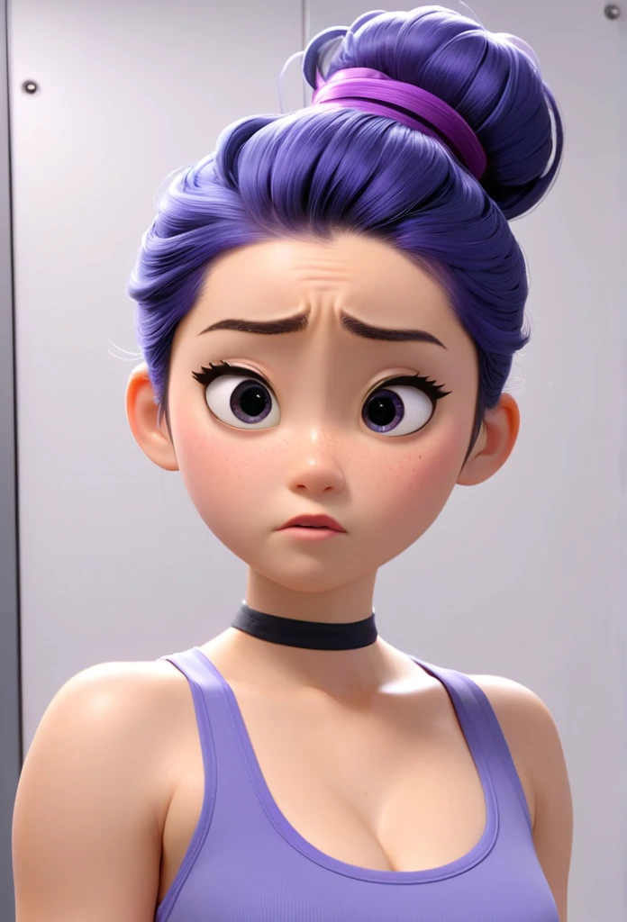 Une Japonaise de 14 ans, cheveux bleu en chignon, collier violet, Grey tank top, terrified, stuck to the wall with super strong black glue in a faulty laboratory, style 3d Pixar, (best quality, 4k, 8k, High resolution, chef-d&#39;artwork:1.2), Ultra-detailed, (Realistic, photoRealistic, photo-Realistic:1.37), portraits, Des couleurs vives, studio lighting