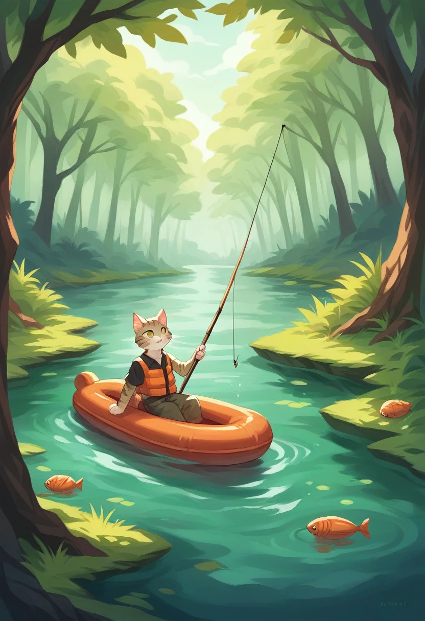 A fat cat wearing an orange fishing vest, sitting on a small raft in the middle of a calm lake, holding a fishing rod. The background features a serene forest with green trees and autumn foliage. The cat has a focused expression on its face, as it looks out at the water. The scene is peaceful and picturesque, capturing a moment of relaxation and solitude.