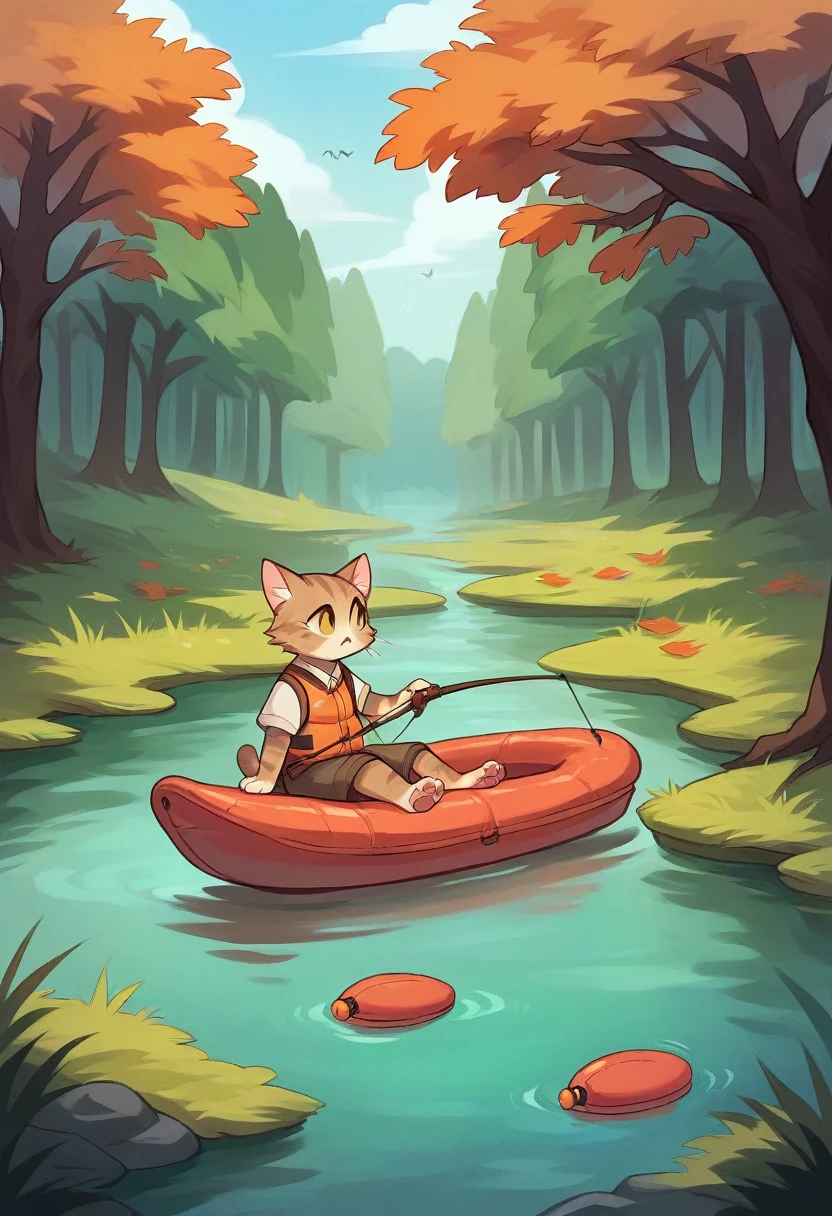 A fat cat wearing an orange fishing vest, sitting on a small raft in the middle of a calm lake, holding a fishing rod. The background features a serene forest with green trees and autumn foliage. The cat has a focused expression on its face, as it looks out at the water. The scene is peaceful and picturesque, capturing a moment of relaxation and solitude.