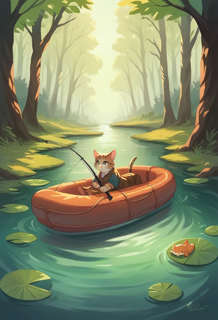 A fat cat wearing an orange fishing vest, sitting on a small raft in the middle of a calm lake, holding a fishing rod. The background features a serene forest with green trees and autumn foliage. The cat has a focused expression on its face, as it looks out at the water. The scene is peaceful and picturesque, capturing a moment of relaxation and solitude.