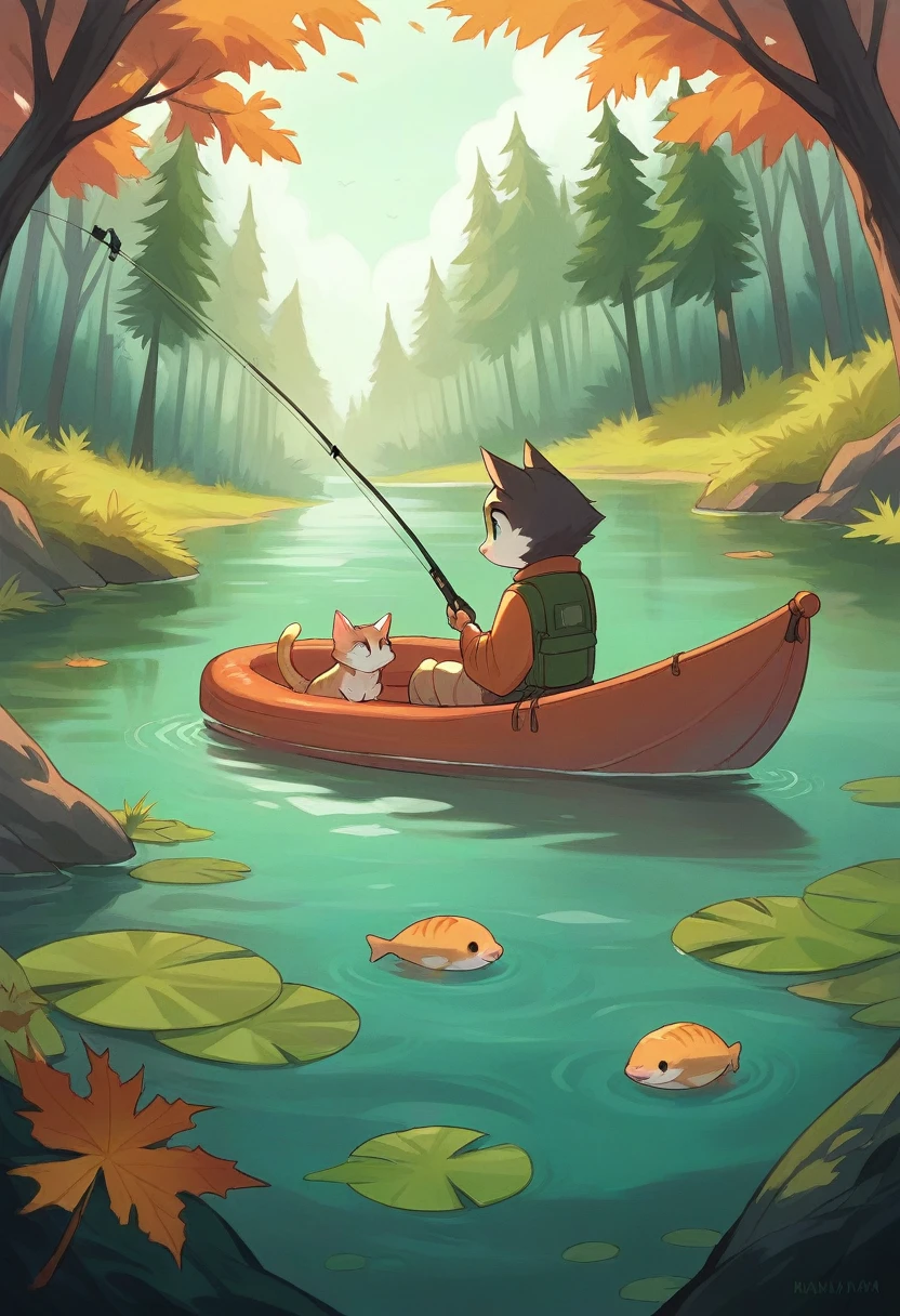 A fat cat wearing an orange fishing vest, sitting on a small raft in the middle of a calm lake, holding a fishing rod. The background features a serene forest with green trees and autumn foliage. The cat has a focused expression on its face, as it looks out at the water. The scene is peaceful and picturesque, capturing a moment of relaxation and solitude.