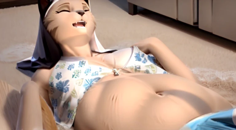 vore belly,belly moving inside, Furry Cat, female, sandy coat color, in a white nun's robe, Body detailing, face detail,4K,sexy body, wide sexy hips, big and sexy breasts, cartoon realism,