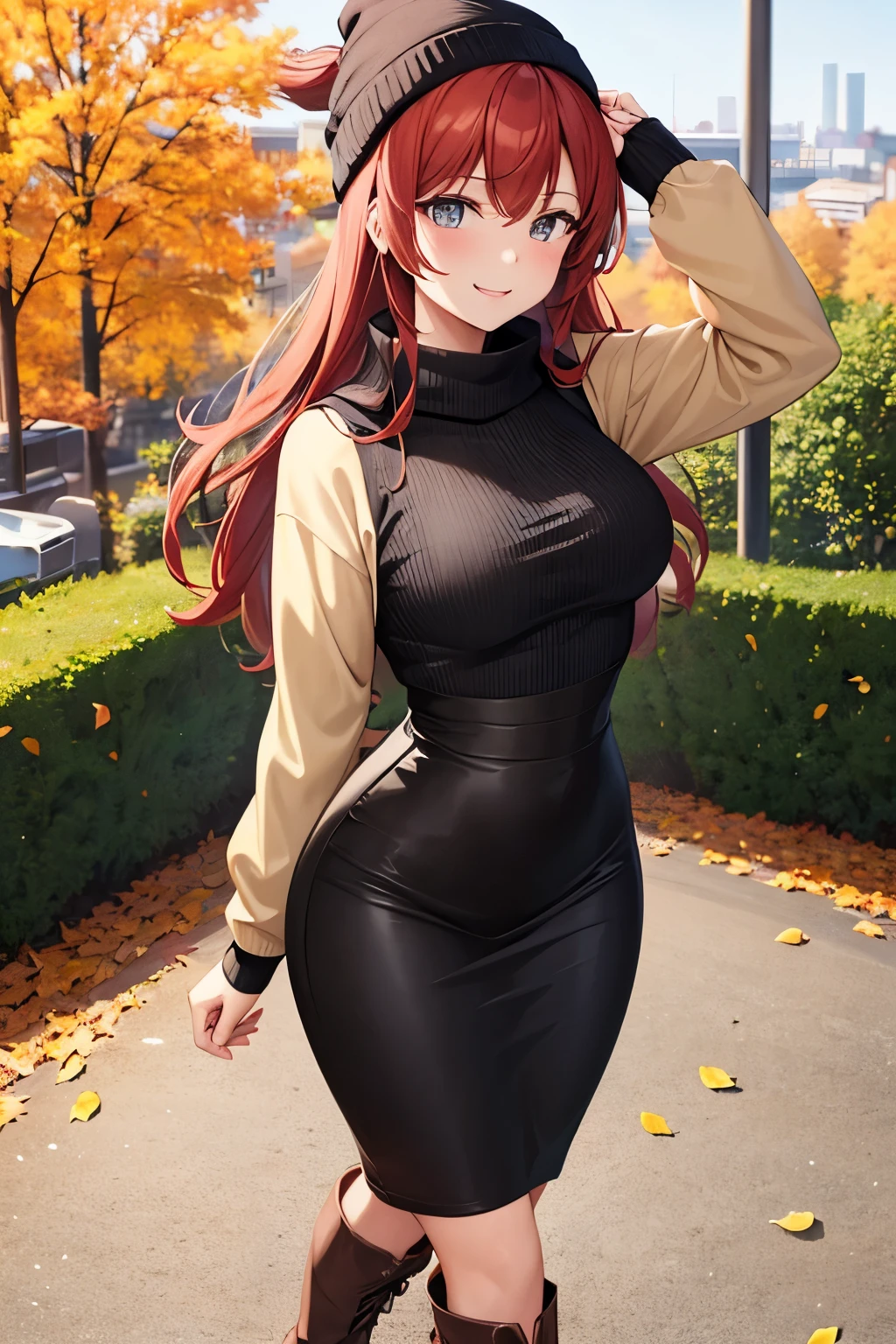 1girl, woman wearing brown long sleeved sweater shirt, crop top, tight midi pencil skirt black, long length pencil skirt, long red hair, looking at viewer, full body, walking, smile, blush, leather boots, garden, fall, leaves, beanie, scarf, large bust