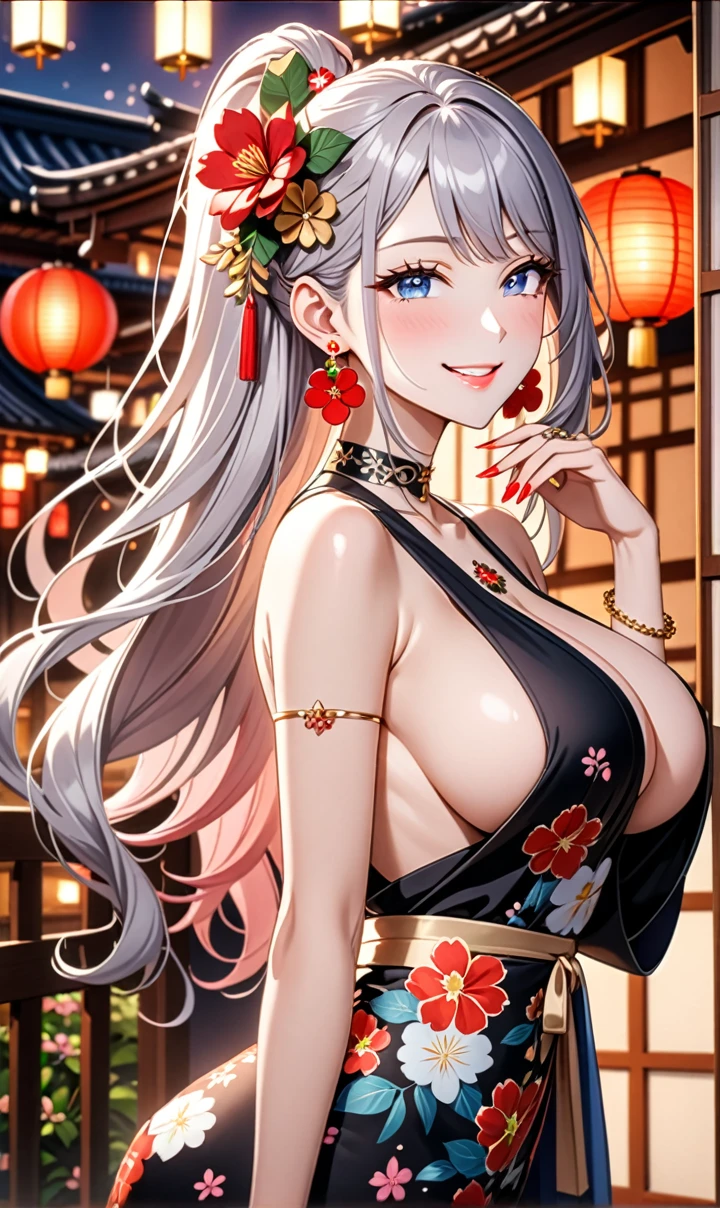 ultra-detailed, ((one girl)), (pale skin:1.4), in pastel colors gyaru, (heavy makeup), (professional lighting) hyper detailed, absurdres, 8K, Beautiful Face, (Laugh shyly), ((teasing smile:1.8)), ((Wink:1.7)), (Laugh with your mouth wide open),((Tilt your face:1.6)), View your viewers, ((Bright red cheeks:1.6)),Glossy Red Lips, ((huge breast:1.6)), ((undressing:1.2)), night, I see fireworks, Luxury Ryokan, ((Anime style background)),masterpiece, Highest quality, so beautiful,Latest, Complex details, (Pink long nails), (nail art), (ring),(bracelet), (Floral Choker),AI-generated, Complex,High resolution, Highest quality, super high quality,3D Images、3D Images,One person,Pastel silver long hair,(High Ponytail), (wavy hair:1.3), Pastel anime woman posing for a photo, ((Fine grain、blue eyes、glowing eyes:1.4)), (Squint your eyes:1.1), (one eye closed:1.4), a hyperRealistic , hyperRealistic , Realistic,Anime woman with long pastel white hair, Smooth anime CG art, A girl in a gorgeous black kimono, ((Black long-sleeved kimono)),(Large red floral pattern), Golden embroidery, (sideboob), Long flower hair ornament,Floral Earrings, Mature Body, tall,Narrow waist, ((from side:1.2)), ((leaning forward)), ((upper body)),