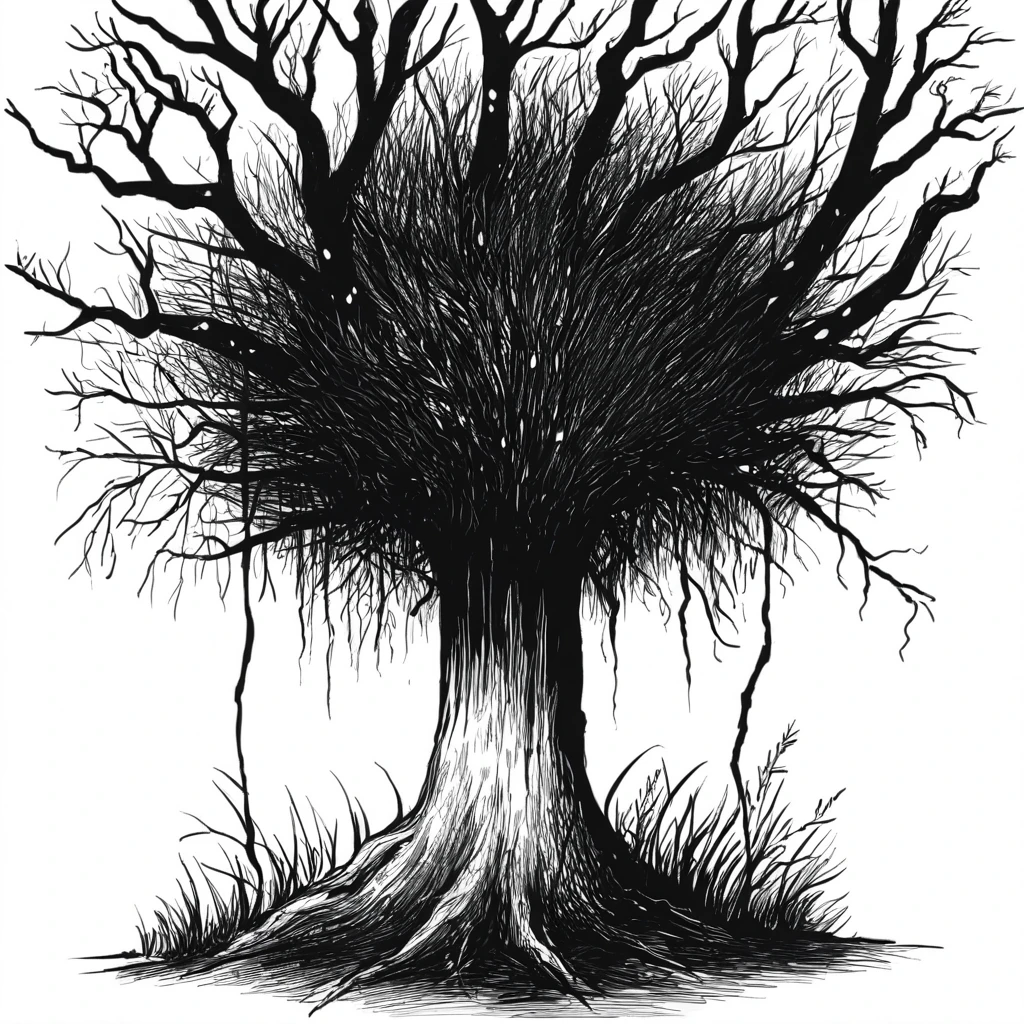 a tree is growing out of their head in J-horror art style