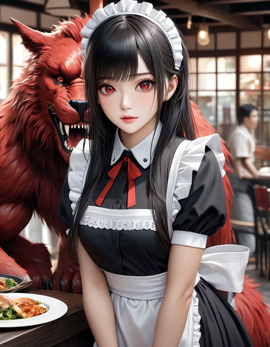 high quality, detailed, Realistic,(25 years old beautiful maid), looking for Restaurant in japanese town,(detailed dark red eyes), (black long hair),large beasts,(shiny skin), best quality,4k,8k,highres,masterpiece:1.2),ultra-detailed,(realistic,photorealistic,photo-realistic:1.37), looking at viewer,