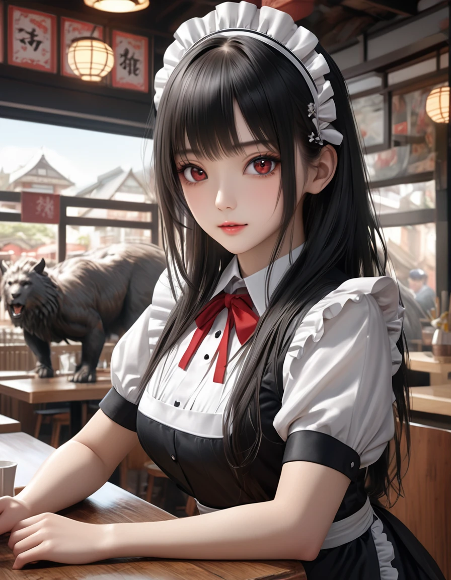high quality, detailed, Realistic,(25 years old beautiful maid), looking for Restaurant in japanese town,(detailed dark red eyes), (black long hair),large beasts,(shiny skin), best quality,4k,8k,highres,masterpiece:1.2),ultra-detailed,(realistic,photorealistic,photo-realistic:1.37), looking at viewer,