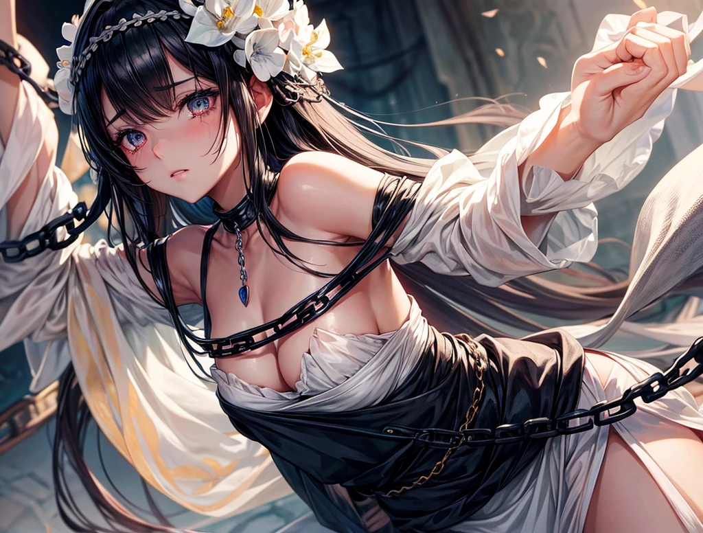 She is tied in both hands, and got chains on her neck.A very beautiful female slave , she has innocent eyes and she looks like Emilia from re zero, but with black hair and therr are tears on her eyes