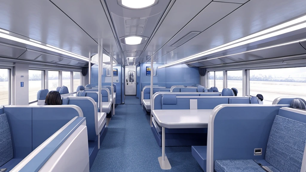 Futuristic train interior、Everything is in white、Long seats only