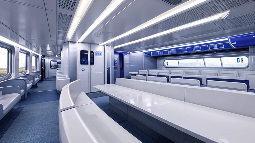 Futuristic train interior、Everything is in white、Long seats only