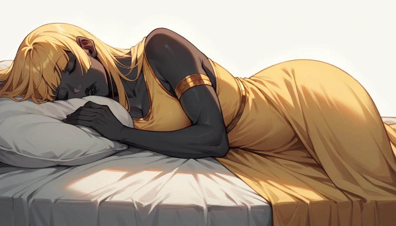 black buff woman, tall woman, black skin, strong body, long fringe hair, blonde hair, blonde fringe hair, golden scales, black lips, yellow dress, egypt hair, in bed, sleeping, white background