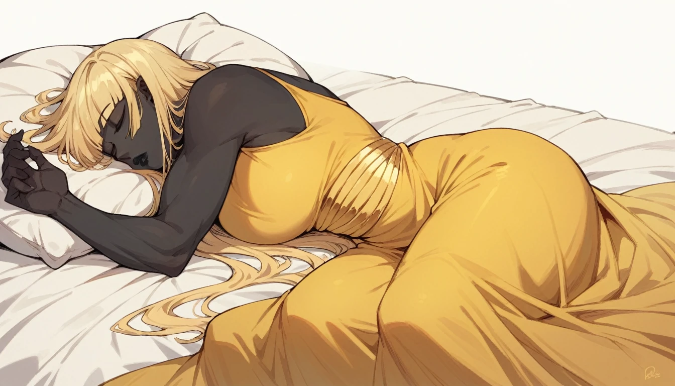 black buff woman, tall woman, black skin, strong body, long fringe hair, blonde hair, blonde fringe hair, golden scales, black lips, yellow dress, egypt hair, in bed, sleeping, white background