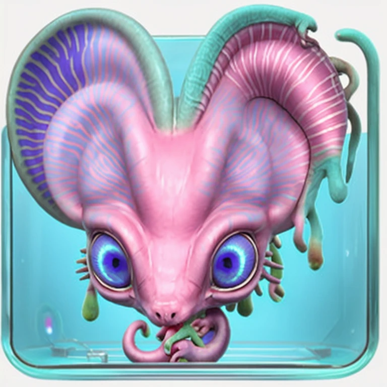 creature look like pink and blue heart with green tail, mouse body mix with larva, cosmic horror creature, hyper detailed pink alien, alien creature, cute little creature, weird alien creature, an anthropomorphic mouse, face, a pale alien cultist, giant ears, left side of the ear melted, huge head, in a transparent incubator, in a laboratory