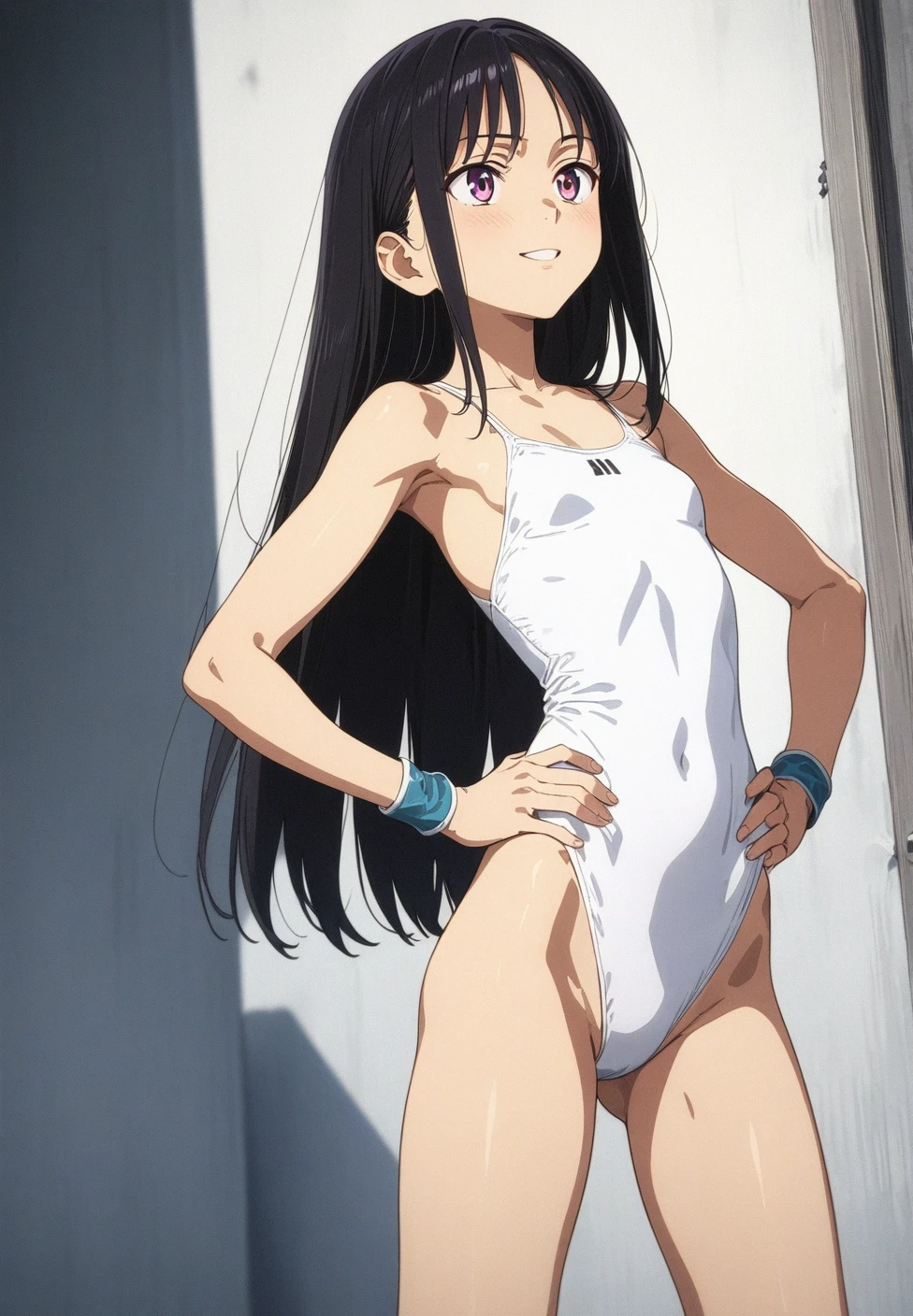 gorgeous lips, cinematic, (masterpiece), (best quality), (ultra-detailed), very aesthetic, perfect composition, intricate details, absurdres, detailed face, (anime, masterpiece, intricate:1.3), (best quality, hires textures, high detail:1.2), A pretty girl with perfect figure,(14years,150cm), (White one-piece swimsuit with pink lines,), Very small breasts,Straight hair,bangss,Stand in the ring of professional wrestling,extremely detailed face and skin, Detailed eyes,knee high socks,wristbands,Grinning smile, Slim body, Slender girl, Slim thighs,small hip,Pose with hands on hips,fight in professional wrestling