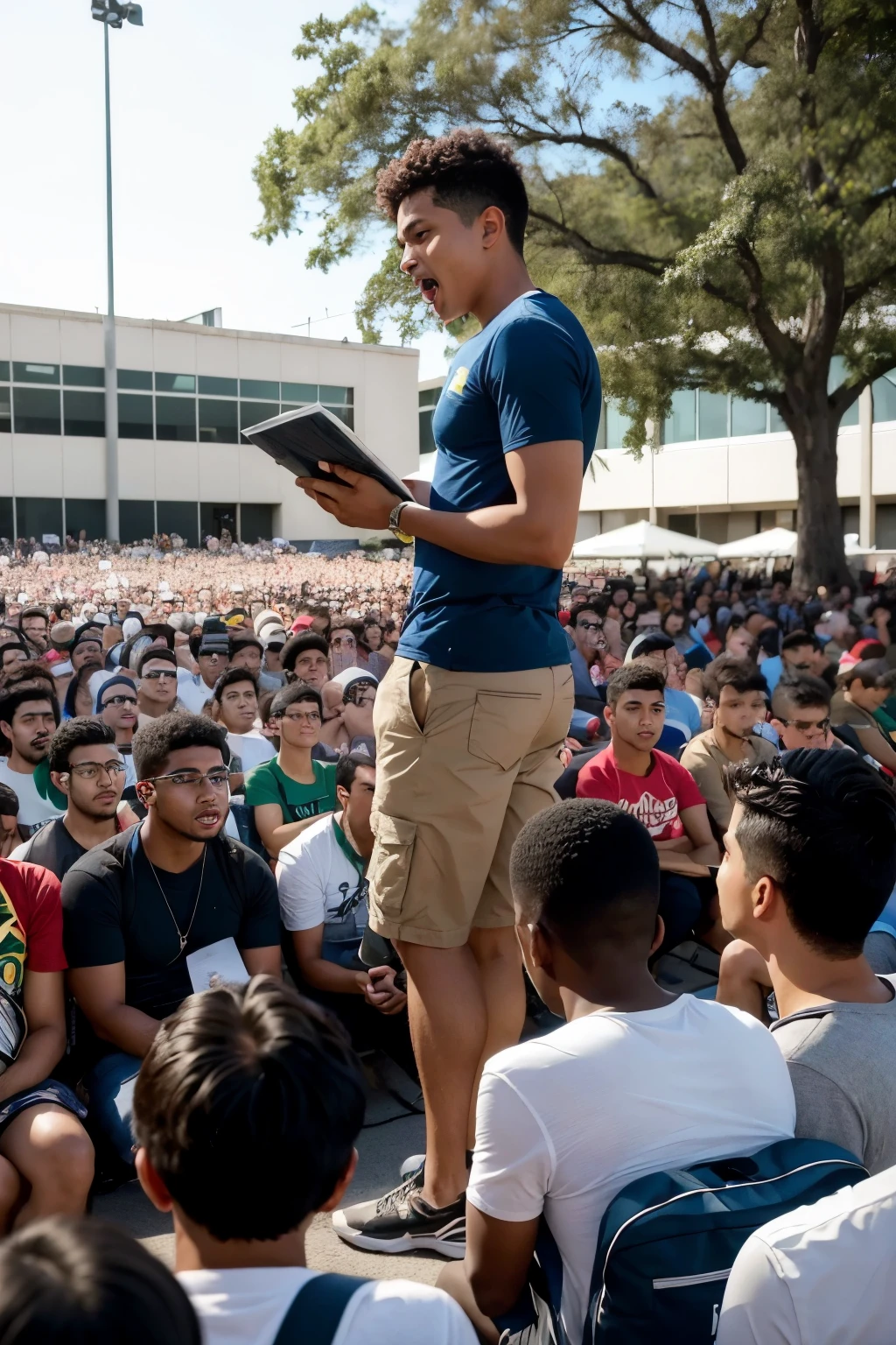 ((best qualityer)), (detailded), (brazilian boy preaching the gospel with open bible), (standing) (burning bible), (in front of an audience) (university library), (Other students listen emotionally)