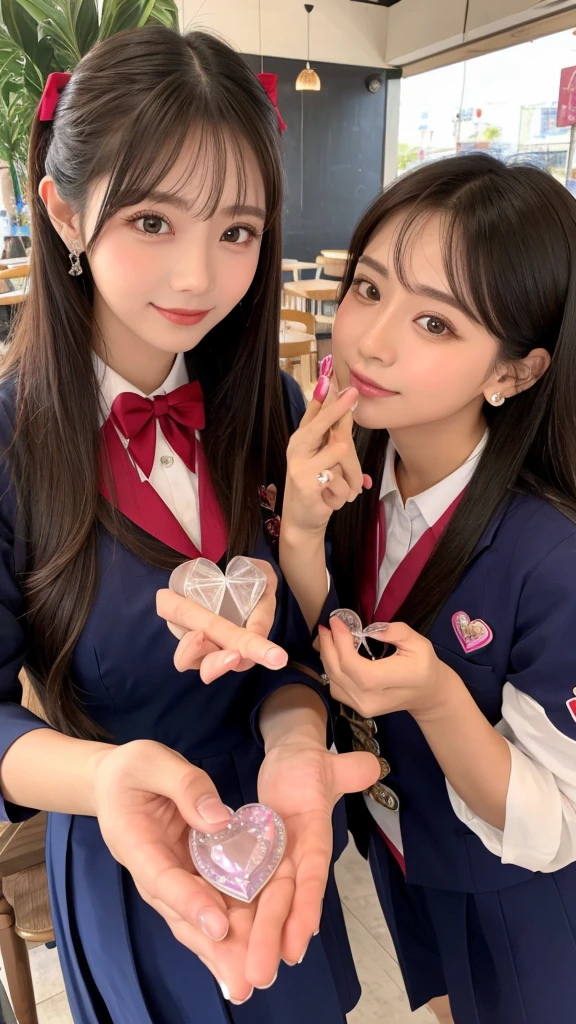 Seniors working at a cafe Goddess of Love Cafe uniform looking at the camera Hold the heart crystal in both palms under your face