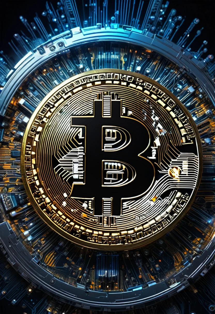 Bitcoin, the Bitcoin symbol in a technological and electronic scenario, cyberpunk and futuristic, Science fiction, hightech, photo realist, best qualityer