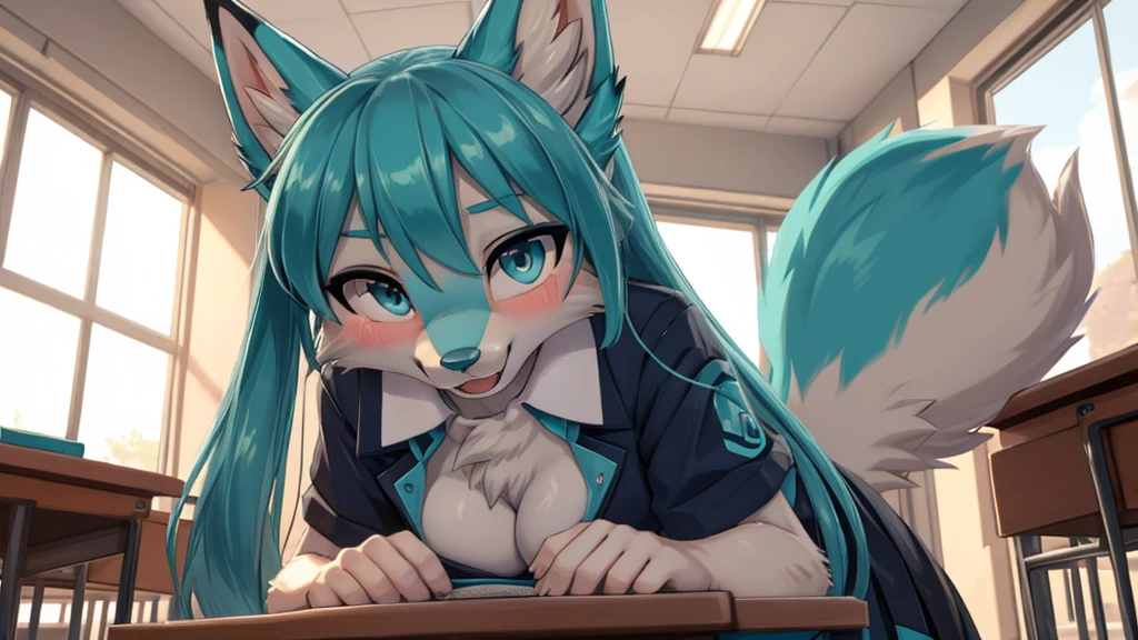 Hatsune miku aqua fur, fox face elongated snoutMasterpiece High quality High resolution、Anna Tanaka , broad, Sit with your knees bent、Eight-headed body、beauty legs 、At a school, visible vagina, creampie,As if looking up from below、embarrassed add_detail:1, very horny , horny expresion face add_detail, bitch in heat