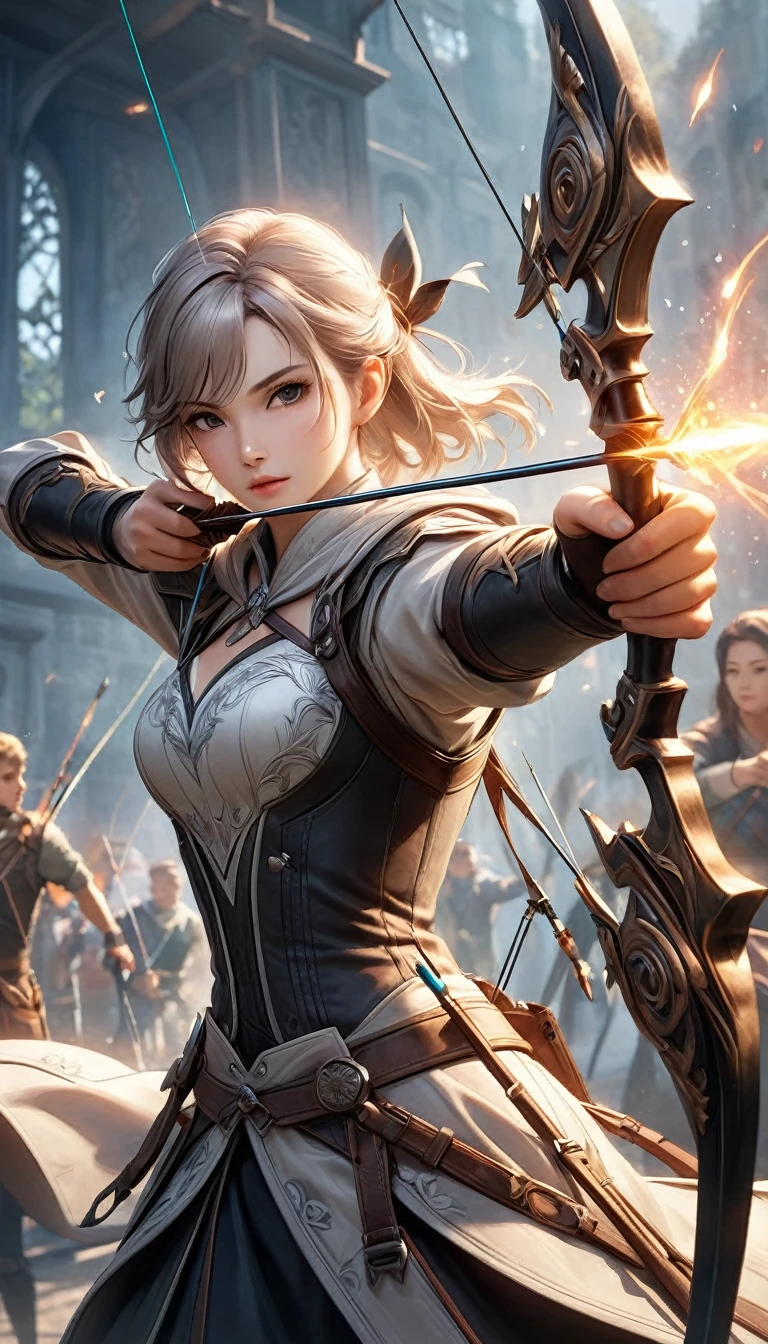 Fusing various styles to create a new style,
Combining various techniques to create delicate and bold compositions,
An attractive archer, Shoot something unexpected with your bow, Shoot it at the audience,
dynamic shot, ankle in the frame,
Detailed and realistic texture, Professional artwork, Fine spray work, Powder coating for a three-dimensional look,