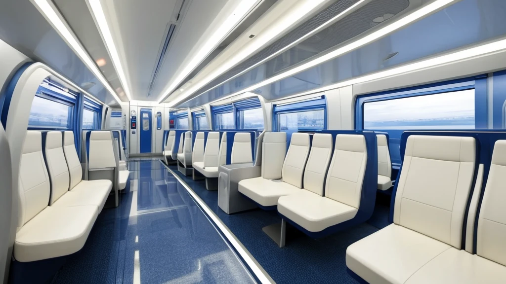 Futuristic train interior、Everything is in white、Long seats only