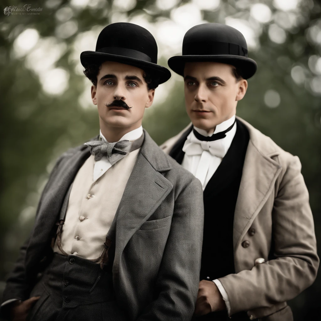 Charlie Chaplin and Buster Keaton, 1920s, vintage style, detailed facial features, expressive poses, slapstick comedy, dramatic lighting, monochrome, high contrast, masterpiece, ultra-detailed, realistic, photorealistic, photo-realistic, HDR, UHD, studio lighting, extreme detail description, professional, vivid details, bokeh
