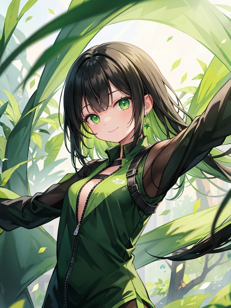 Black hair, long, green mesh, green eyes, smiling