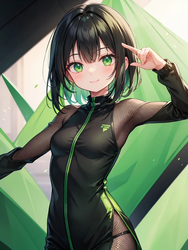 Black hair, long, green mesh, green eyes, smiling