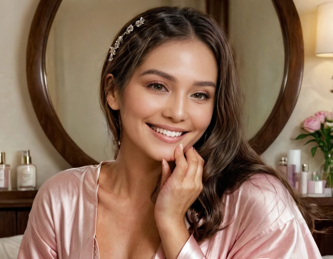 "Anikaxxx (anikaxxx), a beautiful woman with long brown hair, is gently touching her face in a sensual manner while applying face cream. She is wearing a pale pink robe and smiling gently as she cares for her skin, without any headband in her hair. She holds a small jar of cream in one hand while her other hand, with perfectly shaped and natural-looking fingers, softly caresses her cheek, giving the impression of a luxurious skincare routine. The scene is well-lit, giving a soft and natural look to her complexion. The background is slightly blurred, focusing on her reflection in the mirror and her radiant smile. The overall atmosphere is calm, clean, and inviting, emphasizing the woman's natural beauty and sensuality during her skincare routine."