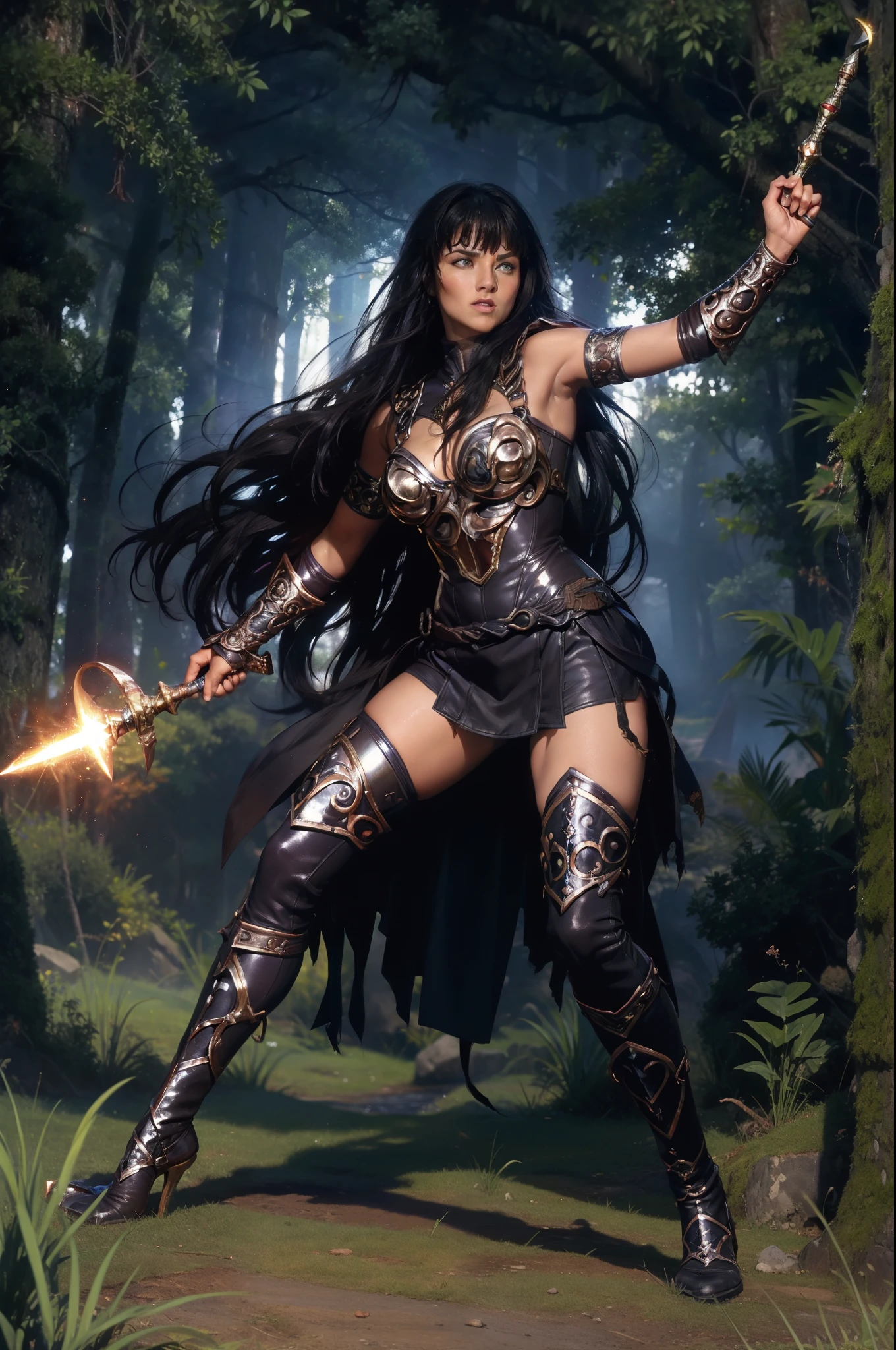 (((full body photo))) xena karorior princess,karorior,goddess,stark,Coraggioso,comely,determined,leather armour,elsword,battle,karo,mighty,ancestor,ferocious,nobleman,protective,defender,legendary,adventure,Mediterranean,lush vegetation,epic,audacious,mythical,mod,dark hair,intense gaze,stark-willed,karo cry,mysterious background,heroic,inspirational,full of action,mythical creatures,epic battles,mythical world,strengthening,fearless,karorior queen,Symbolic,universe of the gods,magical powers(swirly vibrant colors),legendary weapon,lustfull,ancestor ruins,Immortal Spirit,Eclipse solar,eclipse lunar,divine lineage