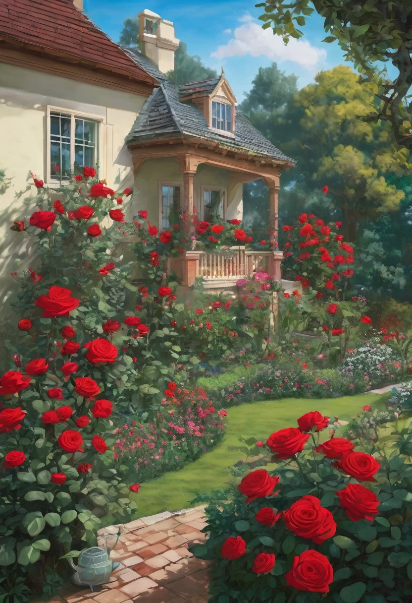 A mancion with a butterfly garden with red roses with a gardener 
