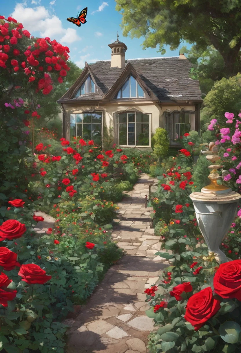 A mancion with a butterfly garden with red roses with a gardener 
