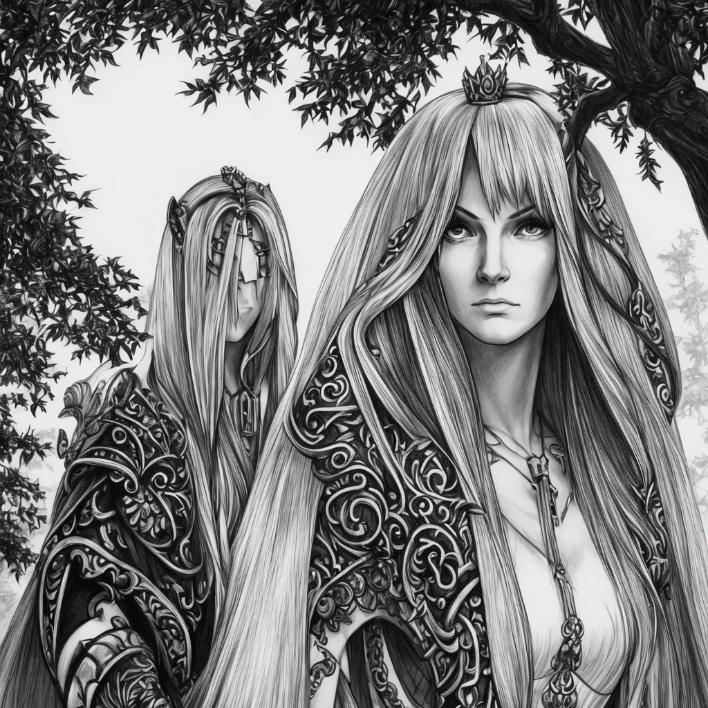 Arwin, queen, white and black, pencil draw, sketch, style of Anne Stokes, by Anne Stokes, white cloak, trees on background, no pupils, angry, white hair, high detail, from above, panorama, anatomically correct, super detail, high quality, best quality, highres, 4K