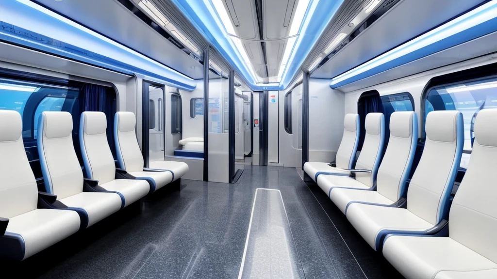Futuristic train interior、Everything is in white、Long seats only