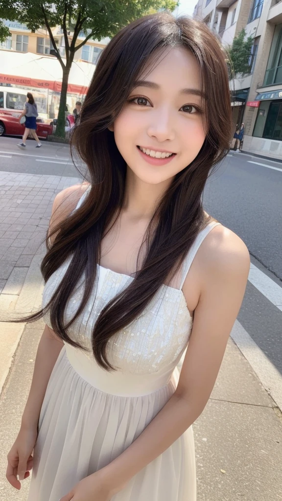 (((Yumikanok))),((Best quality, 8k, Masterpiece :1.3)), 1girl, smiling, full body, slim face, Pretty woman, (Dark brown hair), full white length dress :1.1, Ultra-detailed face, Detailed eyes, Double eyelid, blur background, slim face, city, outside, street,