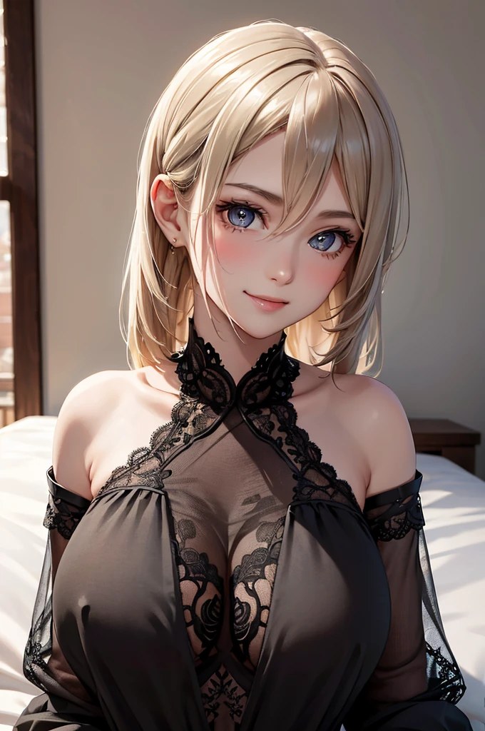 Best Quality,High resolution,8K,finelity detailed background,Masterpiece:1.2),beautiful girl,Shiny khaki hair,hair slicked back,Khaki Eyes,Gentle look,A refreshing look,smile,Best quality,Best Quality,Aesthetic and aesthetic:1.2,Best details((Super detailed))(High-definition CG illustrations),Upper Body, Grey underwear,(black intricate lace),Slender body,morning,sunlight,Bedroom,On the bed,smile,blush,cute,Scrounge,Looking up,Being spoiled,super model,wariza,shoot from,below