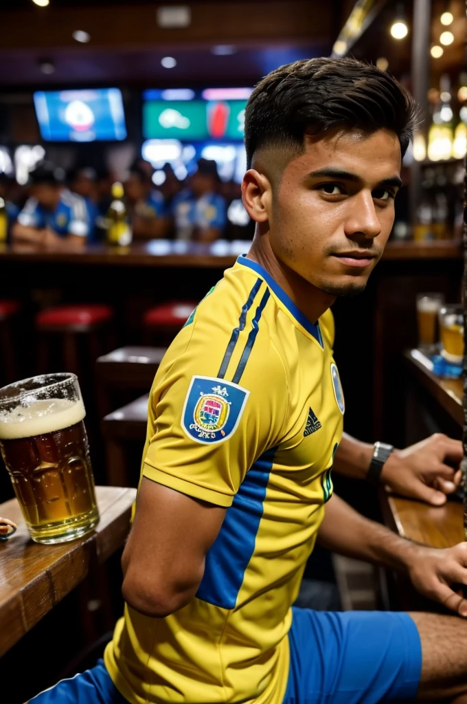 A boy with the Colombia shirt number 10 says Germán sitting at a bar drinking beer and watching the Colombia - Argentina match with more people around with Colombia shirts