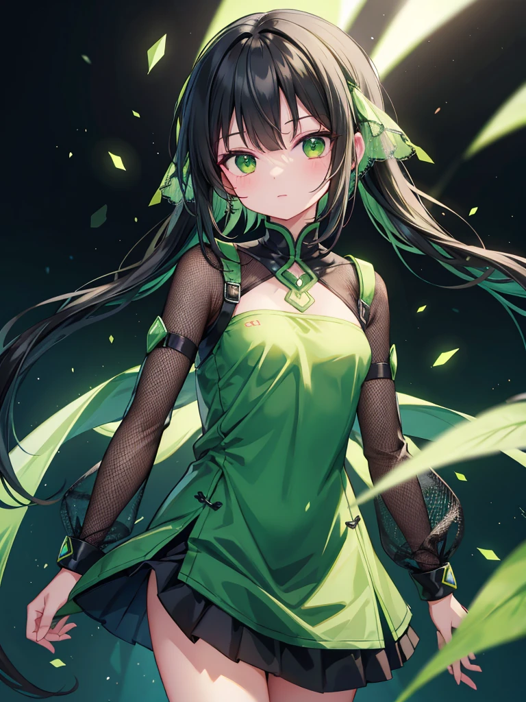 Black hair, long, green mesh, green eyes, cute sleeves