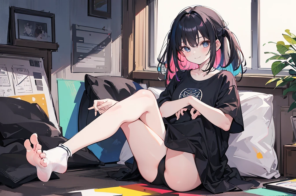 1 girl, sitting, socks, no shoes, looking at viewer, smiling, sitting on floor, ((black socks)), (sketch:1.25), best quality, (((perfect feet))), multicolored hair, high res, masterpiece, supersharp,